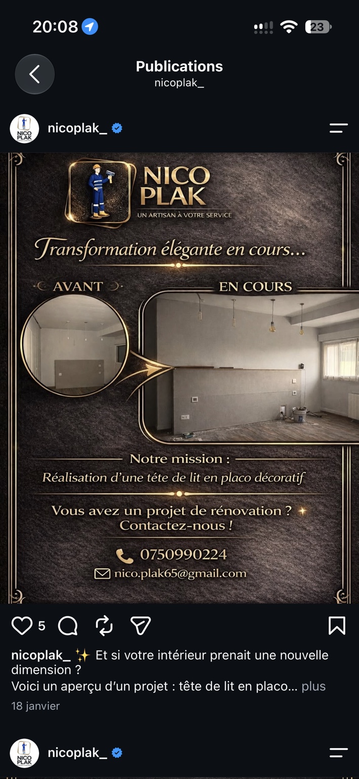 Tête de lit en plaques de plâtre décoratives en cours de réalisation par Nico Plak